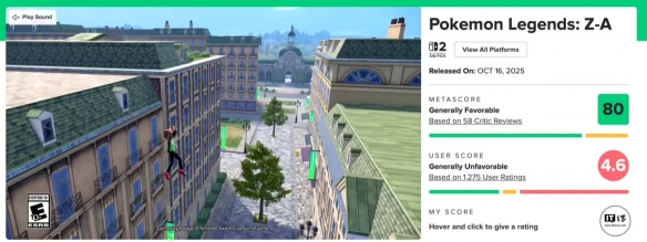 《宝可梦传说ZA》M站评分跌至4.3 惨遭滑铁卢