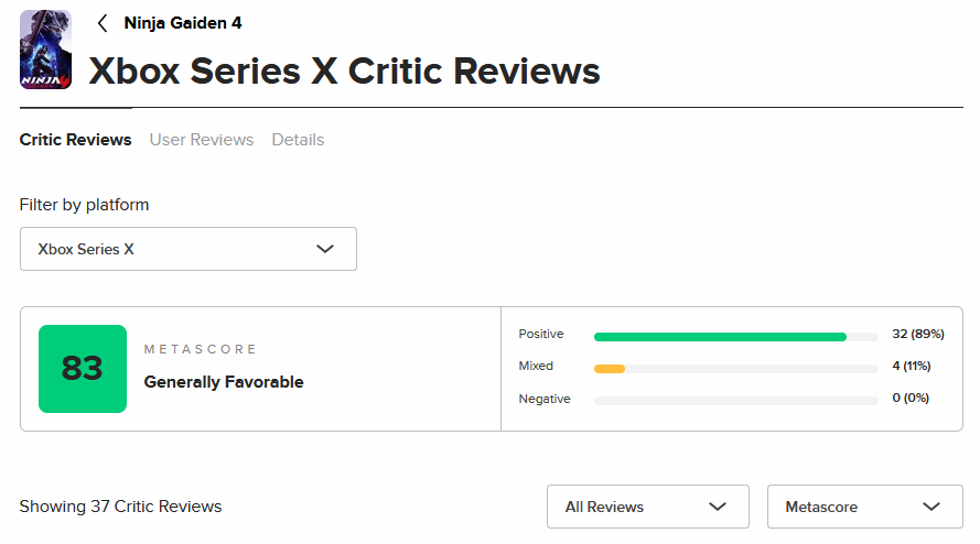 《忍者龙剑传4》M站评分82分 残酷华丽的动作美学